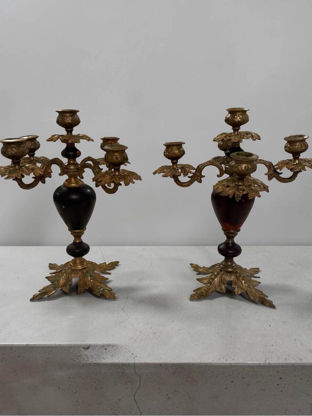 Pair of Vintage French Brass and Wood Candelabras